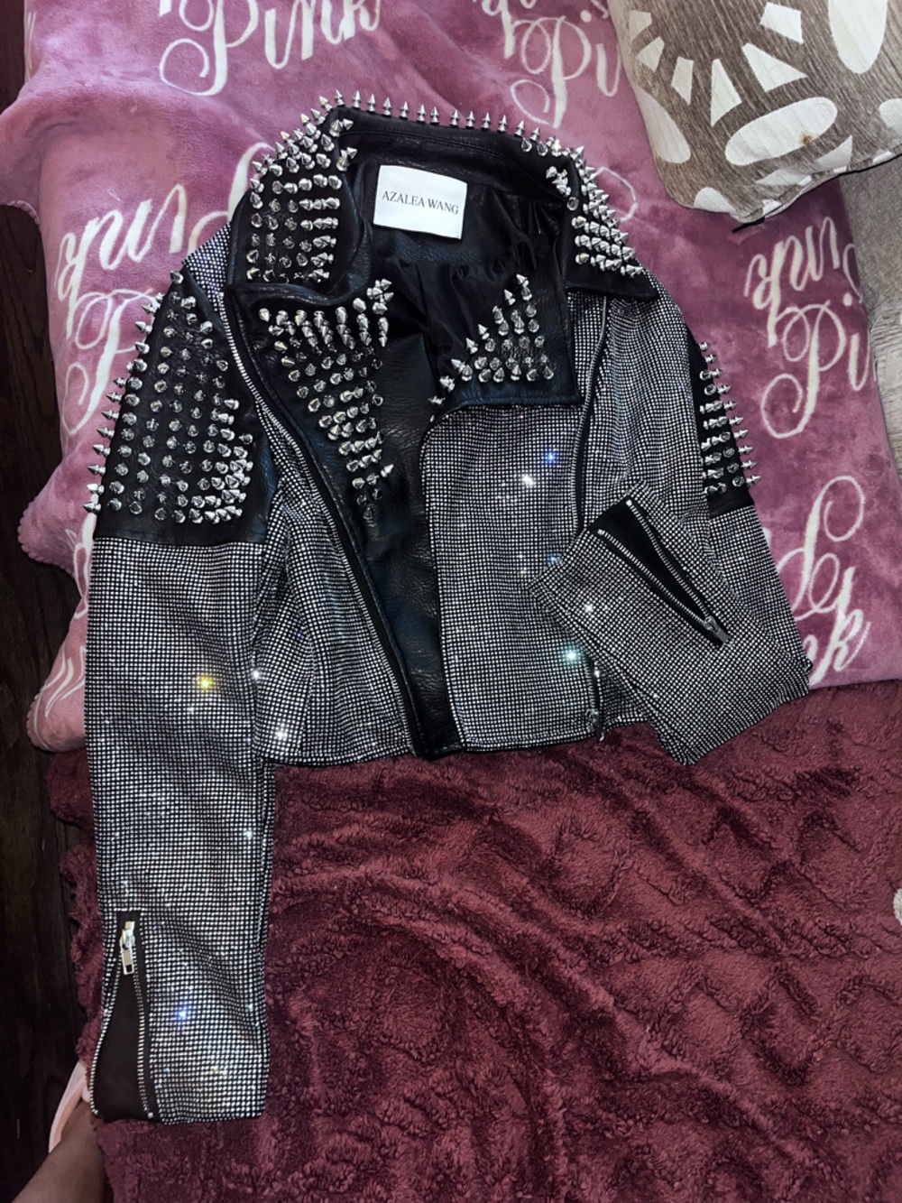Azalea Wang Black Studded Rhinestone Leather Biker Jacket